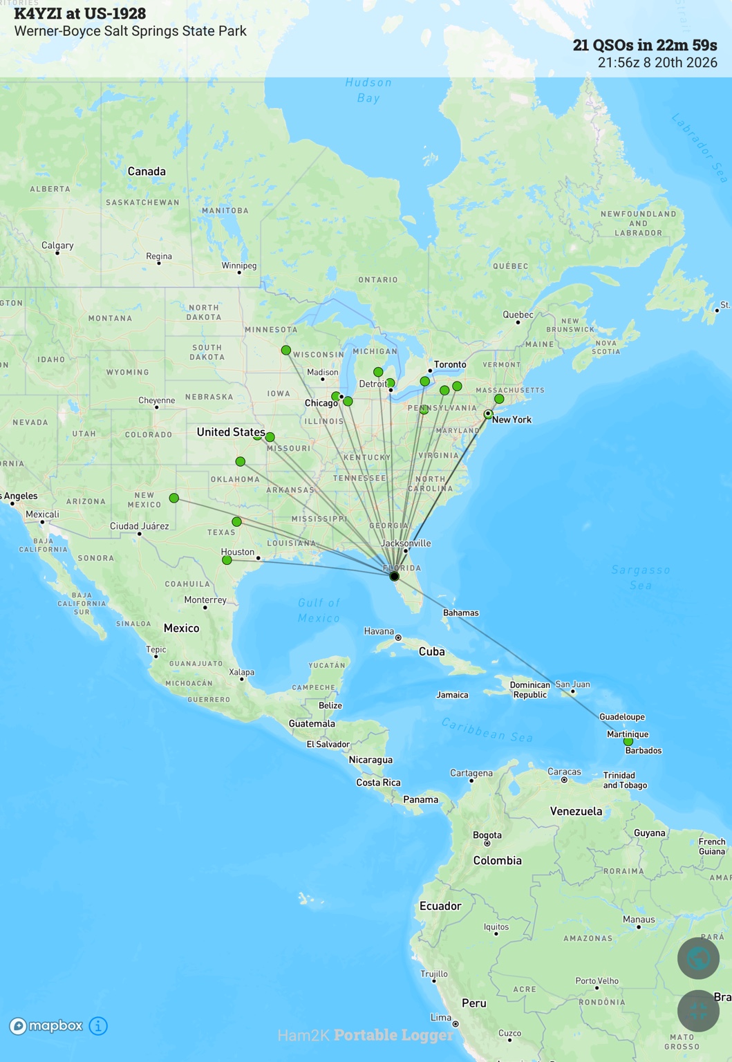 Activation contact map with contacts across eastern North America